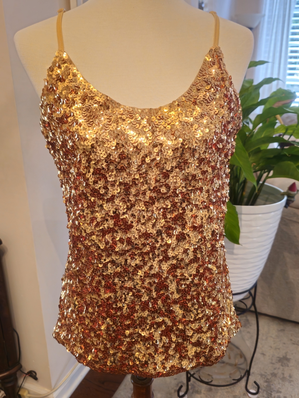 Gold Sequin Spaghetti-Strap Tank Top